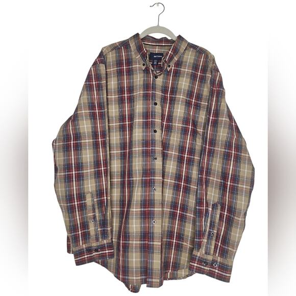 Men's Basic Editions Casual Button Down Shirt Red and Tan - Picture 1 of 3